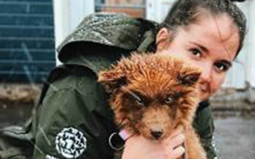 A photo of an HWF Canada employee holding a puppy