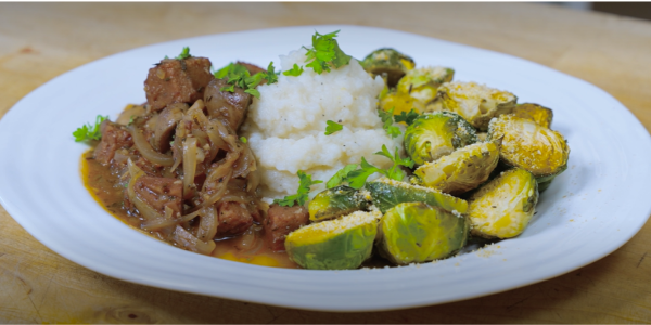 Seitan bourguignon with mashed potatoes and roasted Brussels sprouts